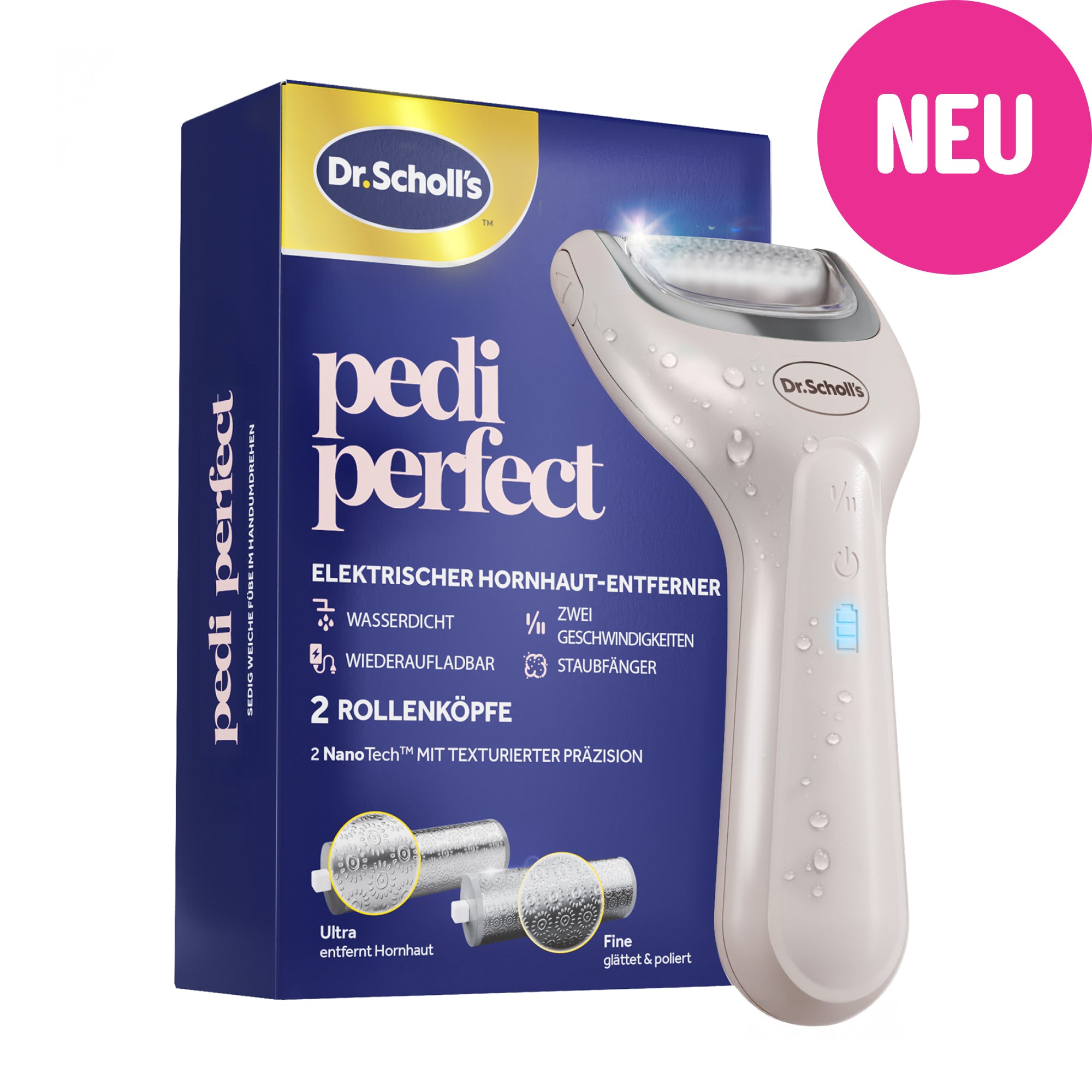 Scholl Site DE Care Dr. Scholl’s Pedi Perfect Pro Wasserdichter, Wiederaufladbarer, Elektrischer Fußhornhautentferner mit x2 Rollenköpfen