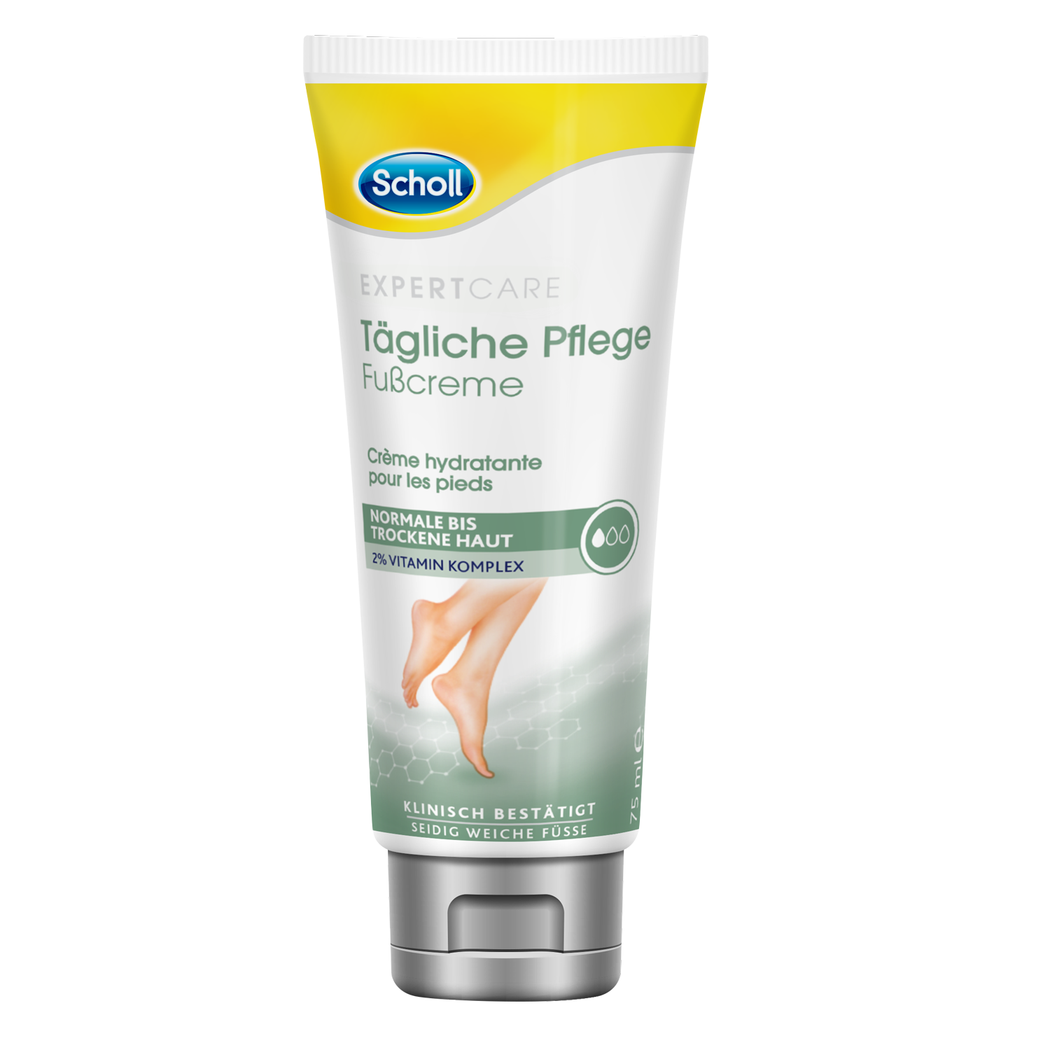 Scholl DE Scholl Tägliche Pflege Fußcreme – Intensiv pflegende Fußcreme für trockene Haut – Mit Vitamin-Komplex – 1 x 75ml